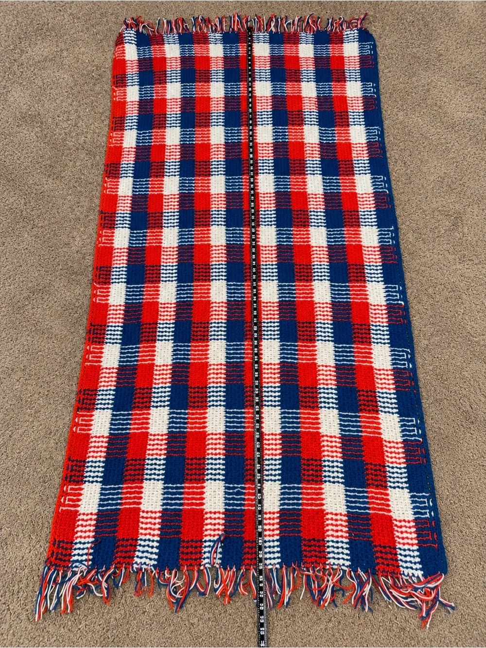 Vintage Handmade Crochet Plaid Afghan Blanket Red White Blue Fringe